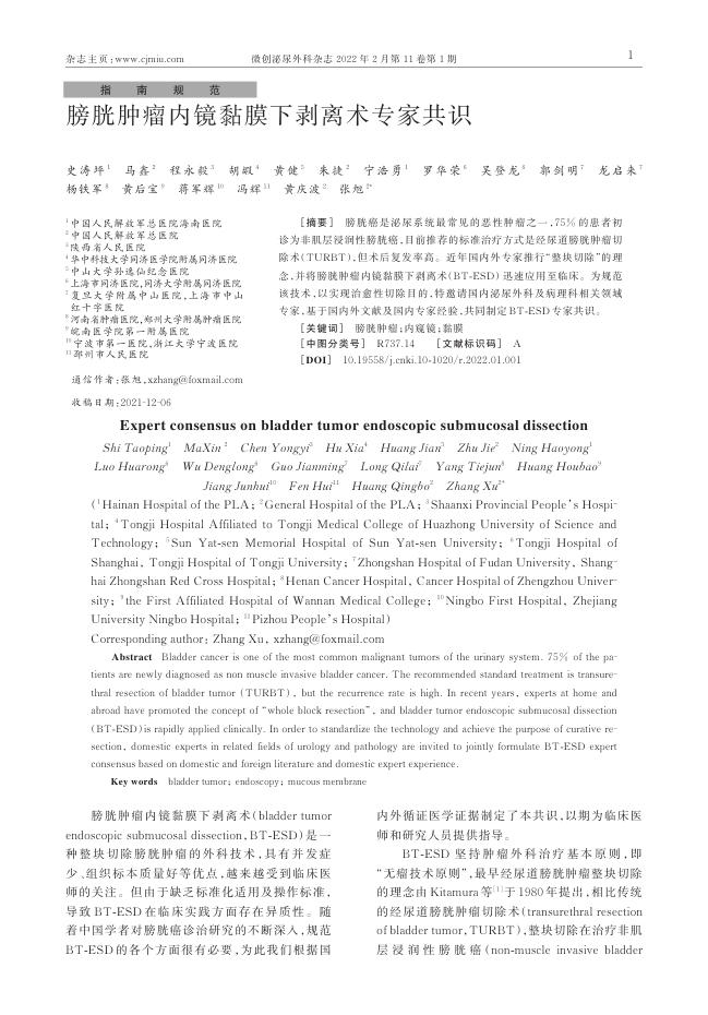 2022年膀胱肿瘤内镜黏膜下剥离术专家共识