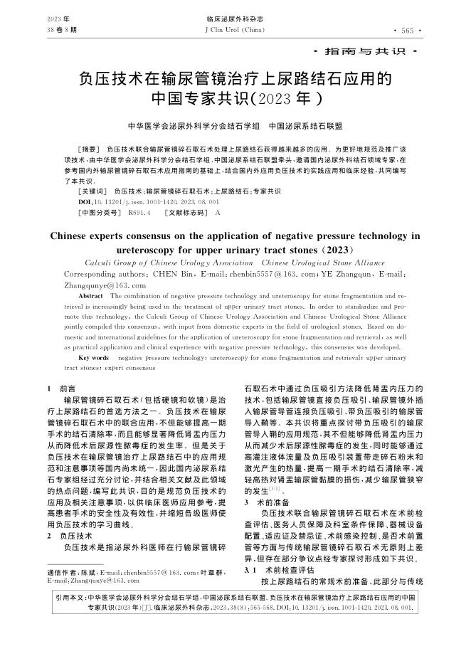 2023年负压技术在输尿管镜治疗上尿路结石应用的中国专家共识