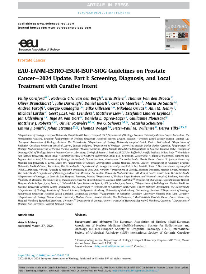 2024 EAU/EANM/ESTRO/ESUR/ISUP/SIOG 指南:前列腺癌( 更新版)—第1部分 :筛查、诊断
