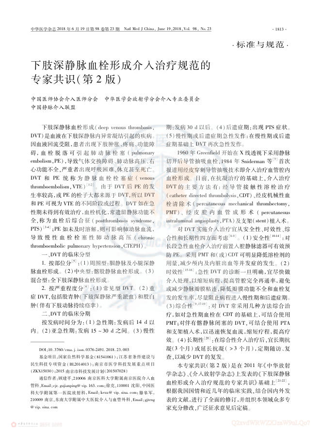 下肢深静脉血栓形成介入治疗规范的专家共识(第2版)