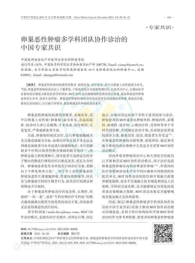 卵巢恶性肿瘤多学科团队协作诊治的中国专家共识