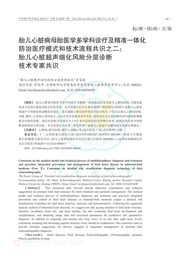 胎儿心脏病母胎医学多学科诊疗及精准一体化防治医疗模式和技术流程共识之二:胎儿心脏超声细化风险分层诊断技术专家共识