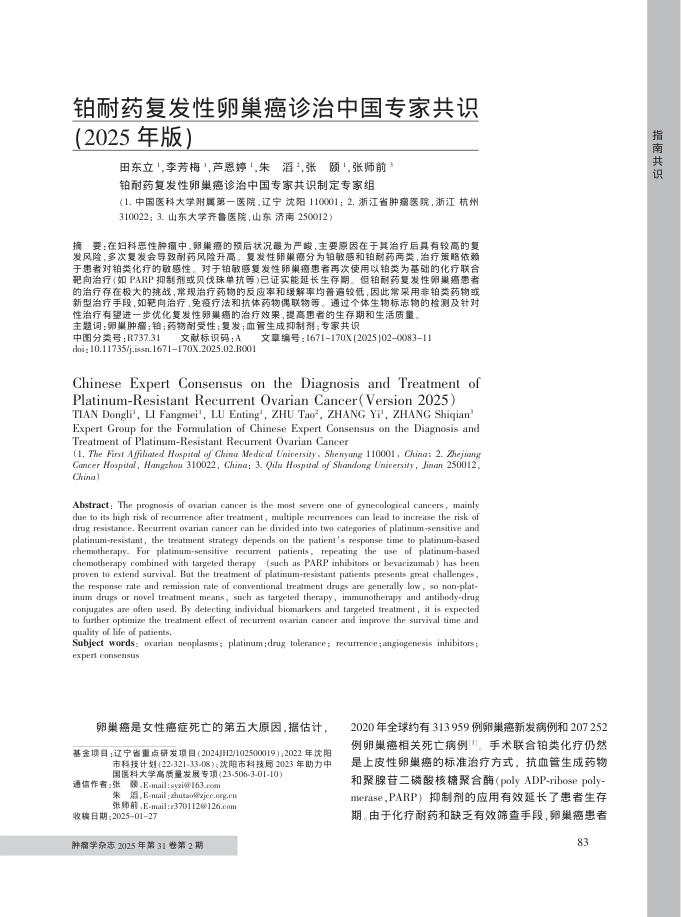 铂耐药复发性卵巢癌诊治中国专家共识(2025年版)