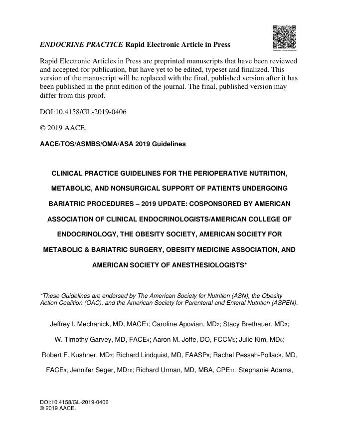 2019 AACE/TOS/ASMBS/OMA/ASA临床实践指南:减重手术围术期营养、代谢以及非手术支持
